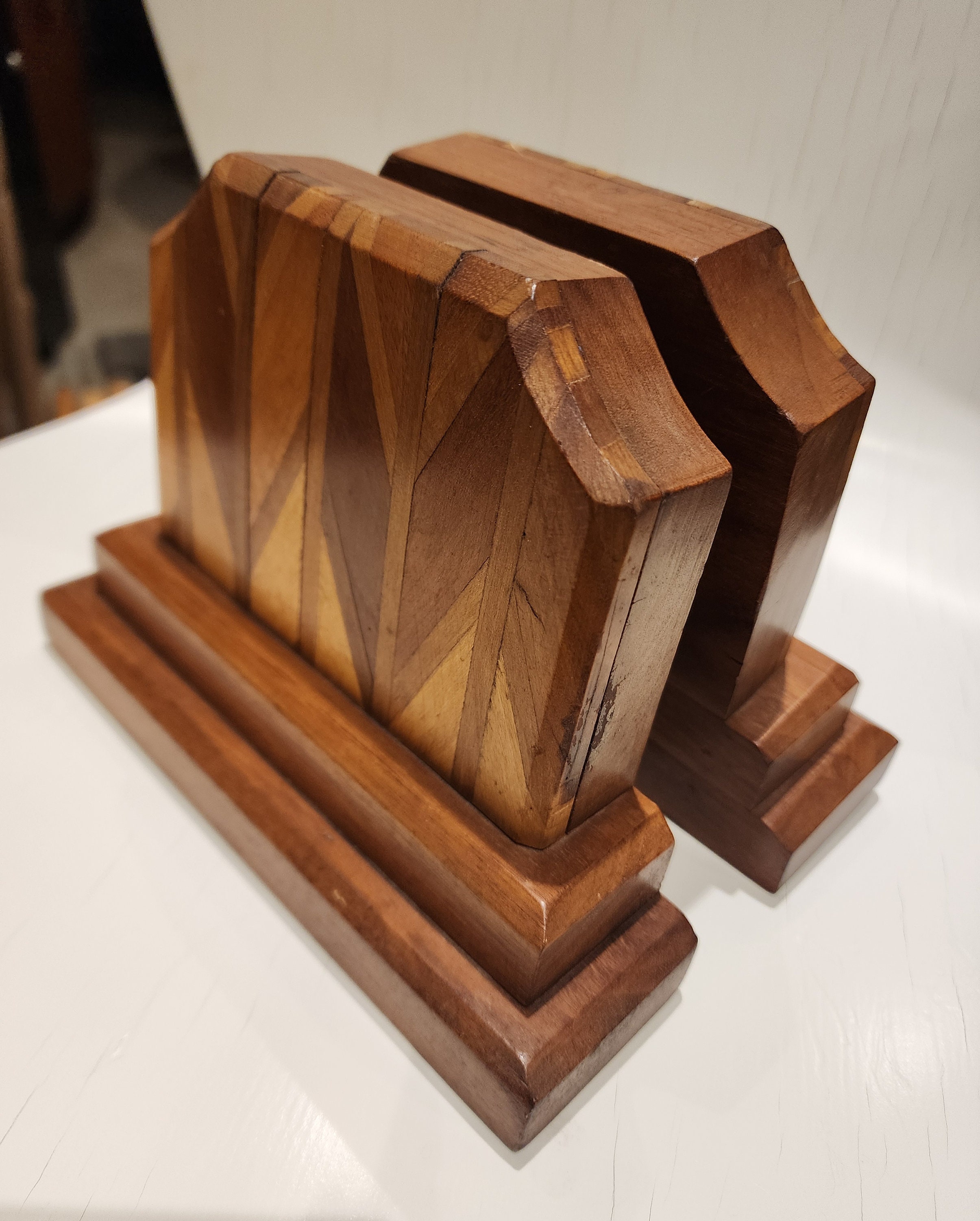 Image showcasing Art Deco Wooden Bookends, Mahogany and Maple Featuring a Walnut Base - Etsy