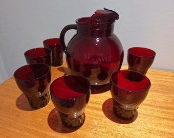 1930s Depression Glass Royal Ruby Red Windsor Spherical Water Pitcher and Tumblers