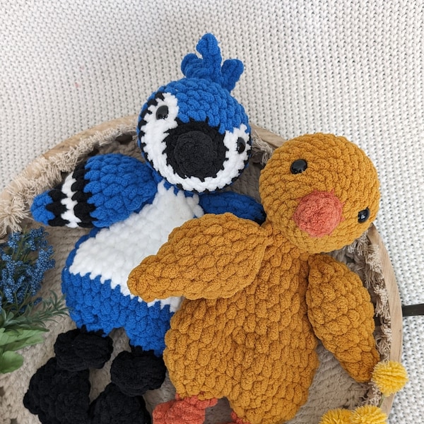 Ready to Ship-Crochet Chick and Bluejay snuggler, crochet chick, crochet bluejay, birds, crochet animals, gifts