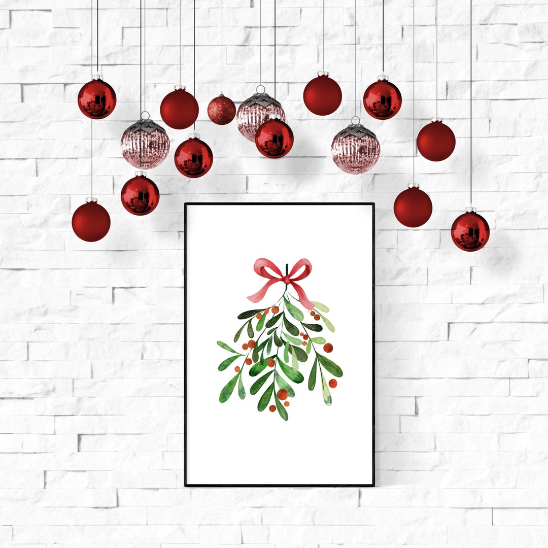 Watercolor Mistletoe With Red Bow | Printable Digital Art - Etsy