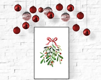 Muérdago de acuarela con lazo rojo / Arte digital imprimible