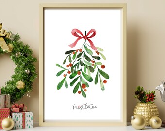 Muérdago de acuarela con lazo rojo / Arte digital imprimible