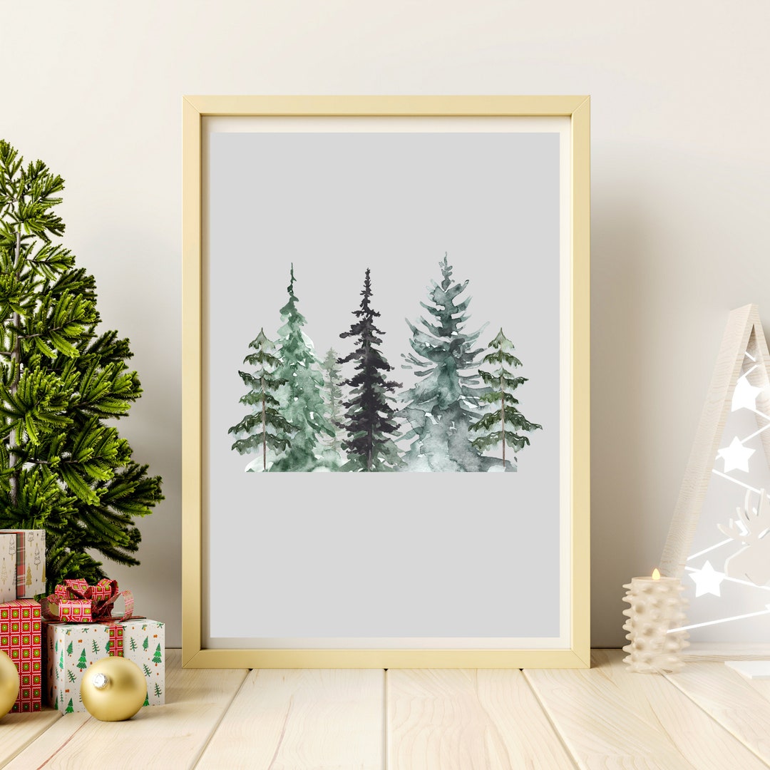 Vertical Winter Wonderland Watercolor | Pine Trees Painting | Printable ...