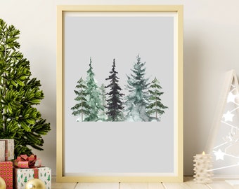 Acuarela vertical del país de las maravillas del invierno / pintura de pinos / arte digital imprimible para la decoración navideña