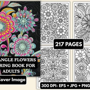 May include: A coloring book for adults featuring intricate Zentangle flower designs. The cover image showcases colorful floral illustrations, while the interior pages offer black and white line art for coloring. Includes 217 pages.