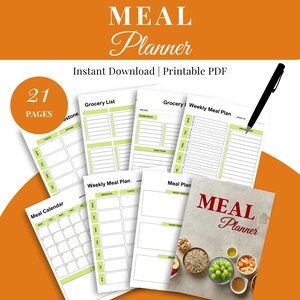 Meal Planner Printable | Weekly & Monthly Meal Plan, Grocery List, Recipe Tracker, Food Budget | Instant Download PDF Kitchen Organizer