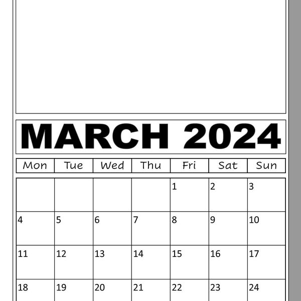 MARCH 2024 BLANK CALENDAR printable A4 add your own photo