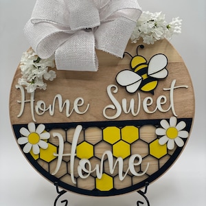 Buzz into Summer with 'Home Sweet Home' Bee Sign - Cheerful Door Hanger in Black, Yellow, and White for a Sunny Entryway