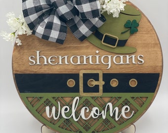 Get Ready for Shenanigans! St. Patty's Day Door Sign - 'Shenanigans Welcome' with Leprechaun Hat and Plaid Design - Wooden Door Hanger