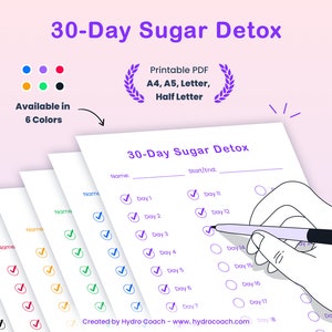 30-Day Sugar Detox Challenge I Printable I Sugar-Free Diet Tracker I No Sugar I Quit Sugar I New Year Resolution 2025 I Habit Tracker