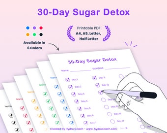 Desafio de desintoxicação de açúcar de 30 dias para impressão: rastreador de dieta (A4, A5, carta, meia carta)