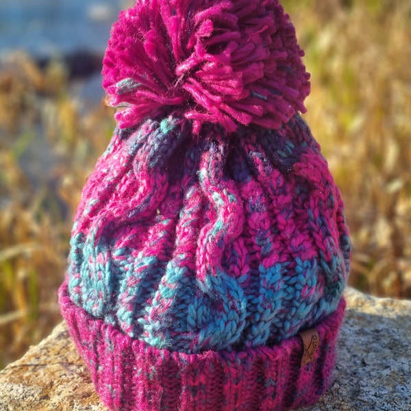 Bonnet d'hiver nordique à pompon, bonnet à pompon doublé polaire avec rayures colorées - Bonnet unisexe violet gris rose bleu pour femme et homme