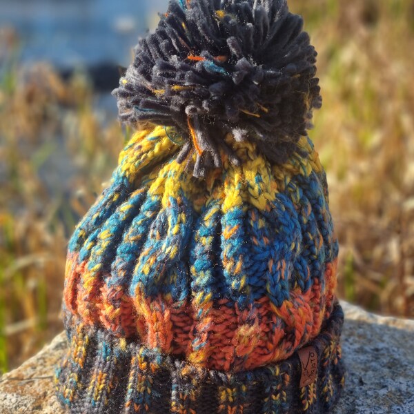 Nordic Winter Bobble Hat, Fleece Lined Pom Pom Hat with Colourful Stripes - Black Yellow Blue Orange Unisex Beanie for Women and Men