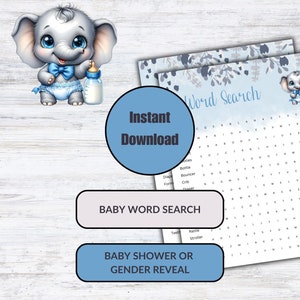 Búsqueda de palabras Baby Shower, Juego de Baby Shower, Descarga digital, Niño Elefante, Baby shower, Revelación de Género, Elefante Azul, Tema Azul, BED001
