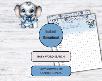 Word Search Baby Shower, Baby Shower Game, Digital download, Boy Elephant, Baby shower, Gender Reveal, Blue Elephant, Blue theme, BED001