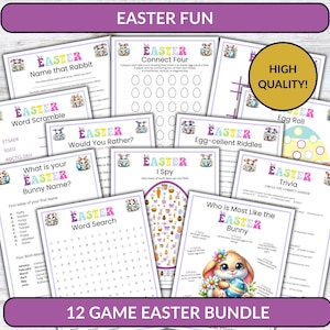 May include: A set of 12 printable Easter games for kids. The games include a word search, connect four, I spy, trivia, egg-cellent riddles, would you rather, name that rabbit, word scramble, what is your bunny name, and egg roll. The games are designed with a colorful Easter theme and feature cute bunny illustrations.