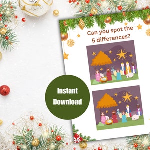 May include: A printable Christmas activity sheet with the text "Can you spot the 5 differences?" and two images of a nativity scene. The images are identical except for five differences.