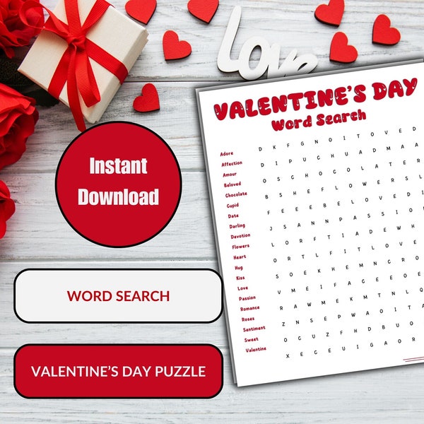 Valentine Word Search, Valentine Puzzle, Fun Printable Game, Party Game for Kids & Adults, Fun Big Print Puzzle, Saint Valentine's Day