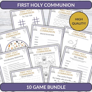May include: A bundle of ten First Holy Communion game sheets. Games include Tic Tac Toe, I Spy, Word Scramble, Spot the 5 Differences, and more. The bundle is labeled "10 GAME BUNDLE" and includes a "HIGH QUALITY!" sticker.