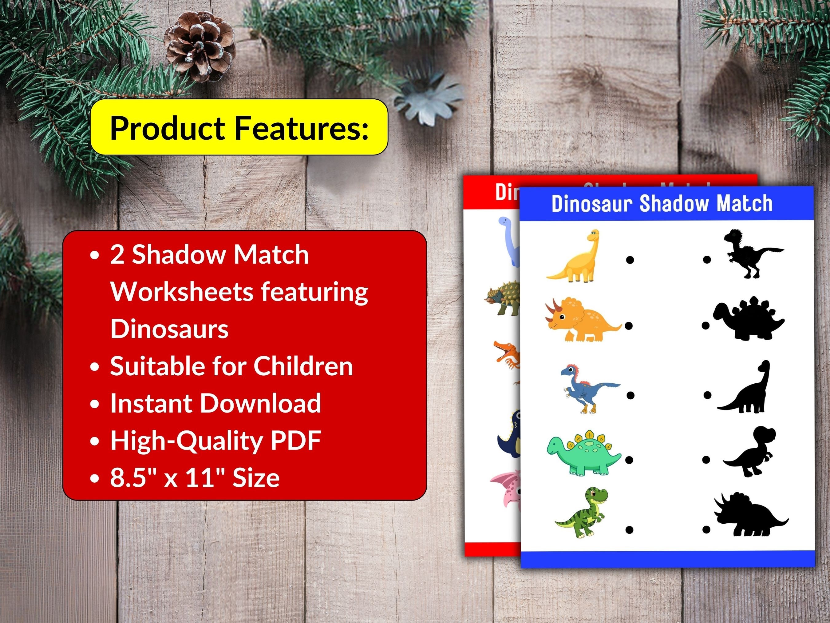 Pre-school Shadow Matching Dinosaur Printable Worksheets, Instant ...