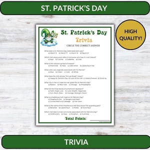 May include: A printable St. Patrick's Day trivia game with a green leprechaun illustration. The game includes questions about Irish culture, history, and traditions.  The text on the page reads "St. Patrick's Day Trivia" and "Circle the Correct Answer".