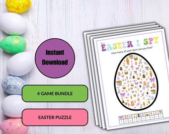 Easter Game Bundle, Word Search, I Spy, Word Scramble, Connect Four, Fun Printable Worksheets, Party Game for Kids & Adults, Happy Easter