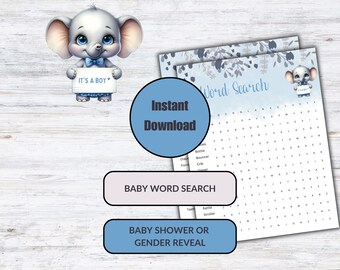 Word Search Baby Shower, Baby Shower Game, Digital download, Boy Elephant, Baby shower, Gender Reveal, Blue Elephant, Blue theme, BES002