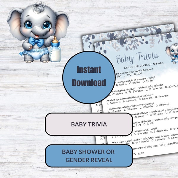 Baby Trivia Game, Baby Shower Game, Digital download, Boy Elephant, baby shower, gender reveal, Blue Elephant, It's a Boy, BED001