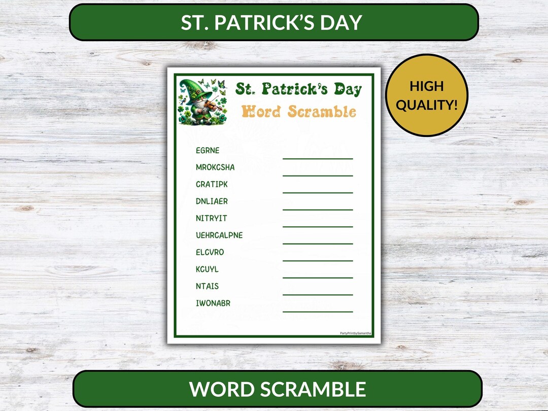St. Patrick's Day Word Scramble, Word Puzzle, Fun Printable Game, Party ...
