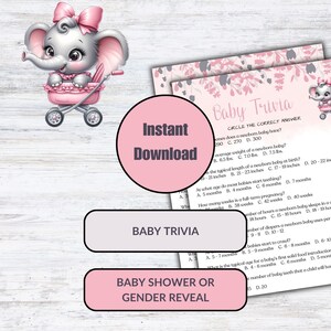 Baby trivia-spel, babyshowerspel, digitale download, meisjesolifant, babyshower, gender reveal, roze olifant, It&#39;s a Girl, PES003
