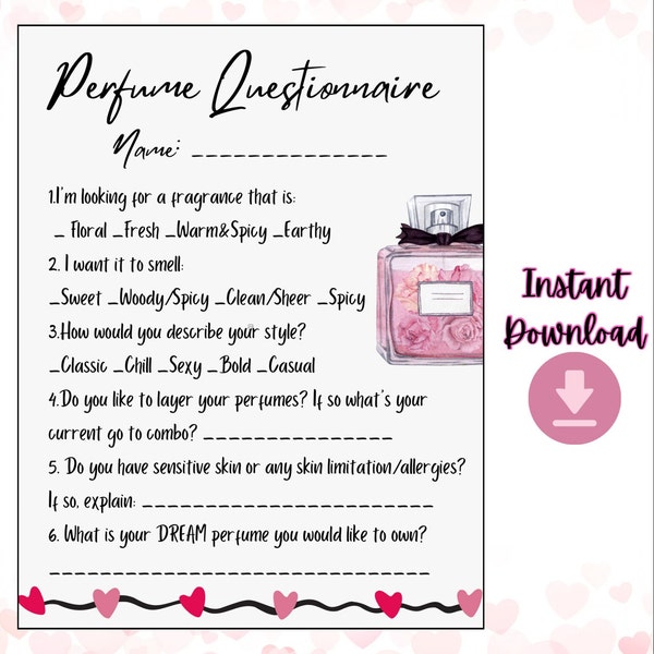 Perfume Exchange Questionnaire - Galentine's Day, Valentine's Day, Perfume Gift Exchange, Secret Sister, Work Exchange Printable