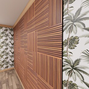 May include: A wall paneling system featuring rectangular sections of vertical and horizontal brown wooden slats. The paneling is flanked by white wallpaper with a repeating green palm leaf and tropical foliage pattern on both sides.