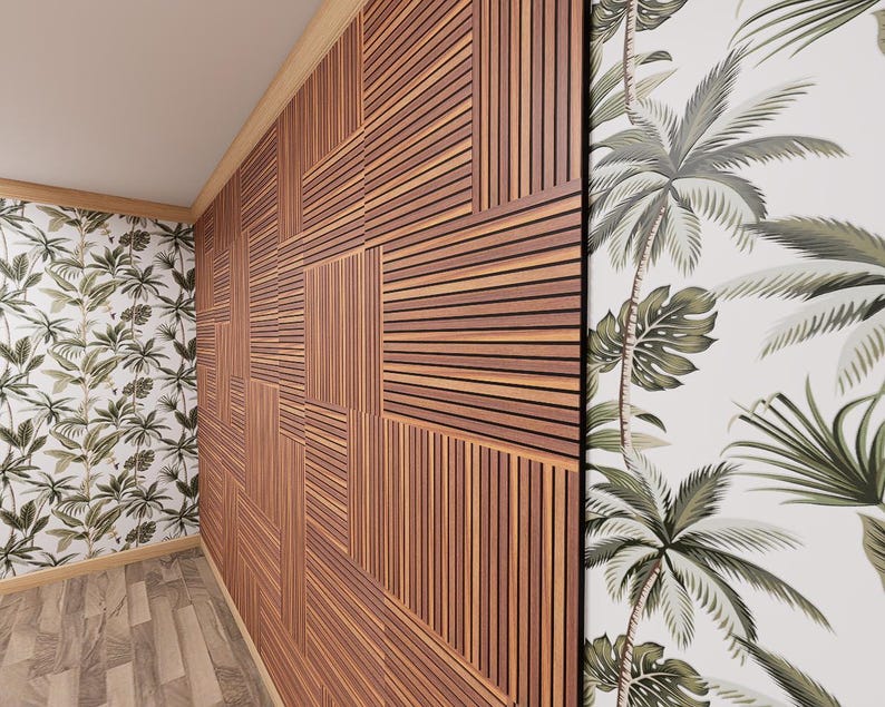 May include: A wall paneling system featuring rectangular sections of vertical and horizontal brown wooden slats. The paneling is flanked by white wallpaper with a repeating green palm leaf and tropical foliage pattern on both sides.