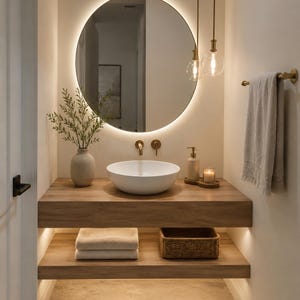 May include: A bathroom vanity featuring a white vessel sink on a thick wooden floating shelf with two levels. Above the sink is a large round backlit mirror, two hanging pendant lights, a vase with greenery, a soap dispenser, and a candle.