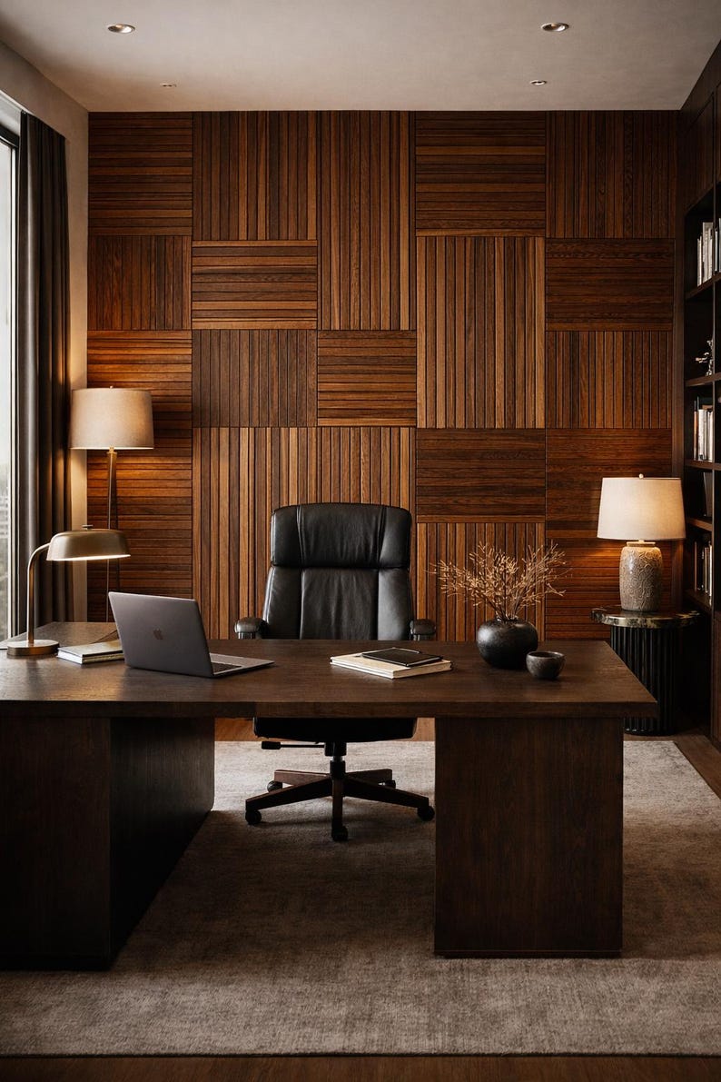 Op de afbeelding: Een moderne kantoorruimte met een donkerhouten bureau, een laptop en boeken. Een zwarte leren stoel staat voor een met hout beklede muur. Twee lampen zorgen voor warme verlichting en een tapijt bedekt de vloer.