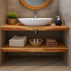May include: A modern bathroom vanity with a white oval sink, wooden shelves, and a round mirror. The shelves hold folded towels, a woven basket with bottles, and a decorative plant in a pot. A dark blue soap dispenser is also visible.