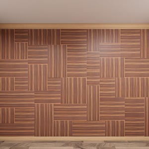 May include: A wall covered in rectangular wooden panels featuring alternating vertical and horizontal striped patterns in shades of brown and tan. The panels are arranged in a grid-like mosaic design, framed by light-colored wood trim.