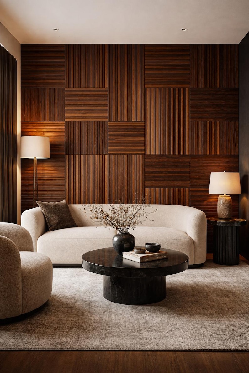 Op de afbeelding: Een moderne woonkamer met een cr&egrave;mekleurige bank, een ronde zwarte salontafel en een houten wand met patroon. Twee lampen zorgen voor zachte verlichting. Een tapijt bedekt de vloer en een vaas met takken staat op de tafel.