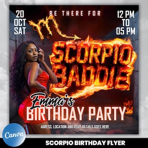 Scorpio Birthday Flyer, Birthday Girl, Happy Birthday Flyer, Scorpio Season, Scorpio Party Flyer, Celebration Flyer, Canva Editable