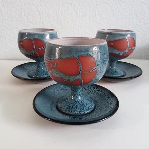 Vintage Wellhouse Studio Pottery From Paignton Devon - Seafood Cocktail Blue Glaze Goblets – 1970’s Retro!