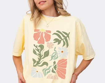 Wildflower Graphic T-shirt, Minimalist Retro Flower Tee, Floral Botanical T shirt, Cute Summer Concert Tshirt, Vintage Flower Oversized Top