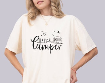 Camiseta de algodão Happy Camper, camisa de acampamento, camiseta de aventura, manga curta glamping, top Van Life, camiseta para mulheres, presente para ela