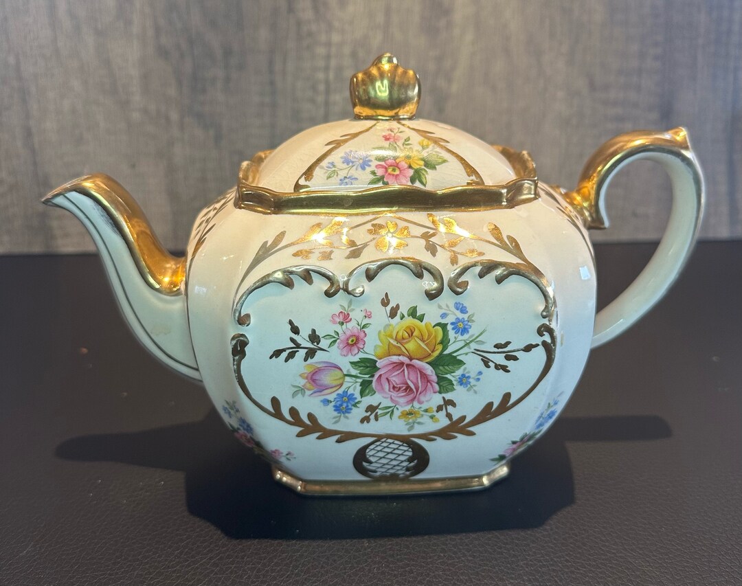 SADLER Cube Teapot 2660 Pink and Yellow Roses Gold Trim Etsy