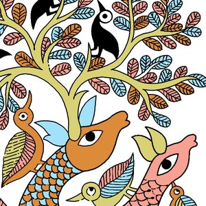 May include: A vibrant illustration of birds and a tree with leaves in blue, pink, and brown. The birds are black, orange, and yellow, with large eyes. The artwork is in a folk art style, with bold outlines and flat colours.