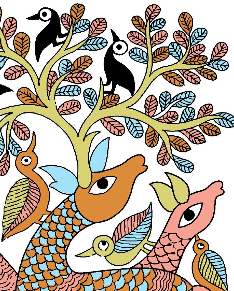 May include: A vibrant illustration of birds and a tree with leaves in blue, pink, and brown. The birds are black, orange, and yellow, with large eyes. The artwork is in a folk art style, with bold outlines and flat colours.