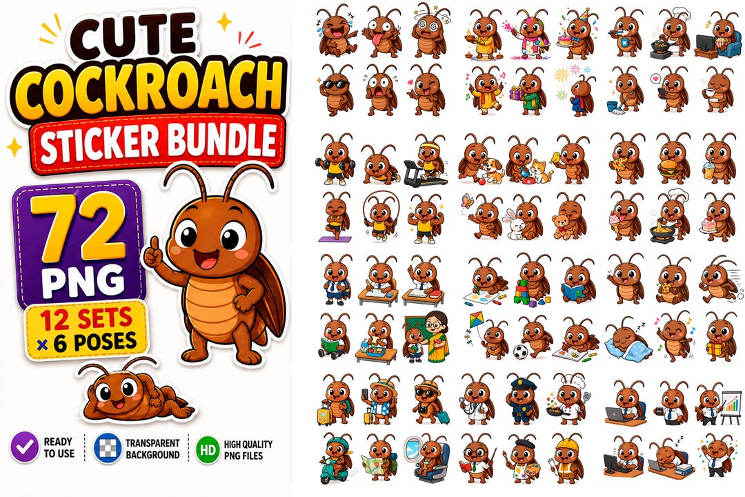 Kawaii Cockroach Sticker Bundle, 72 PNG Clipart Poses (digital Download ...