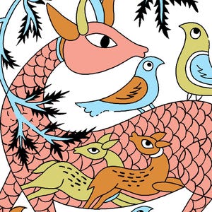May include: A colourful illustration depicting a pink, scaled dragon-like figure alongside birds and deer in blue, yellow, and orange. The artwork has a folk art style with black outlines and a white background.
