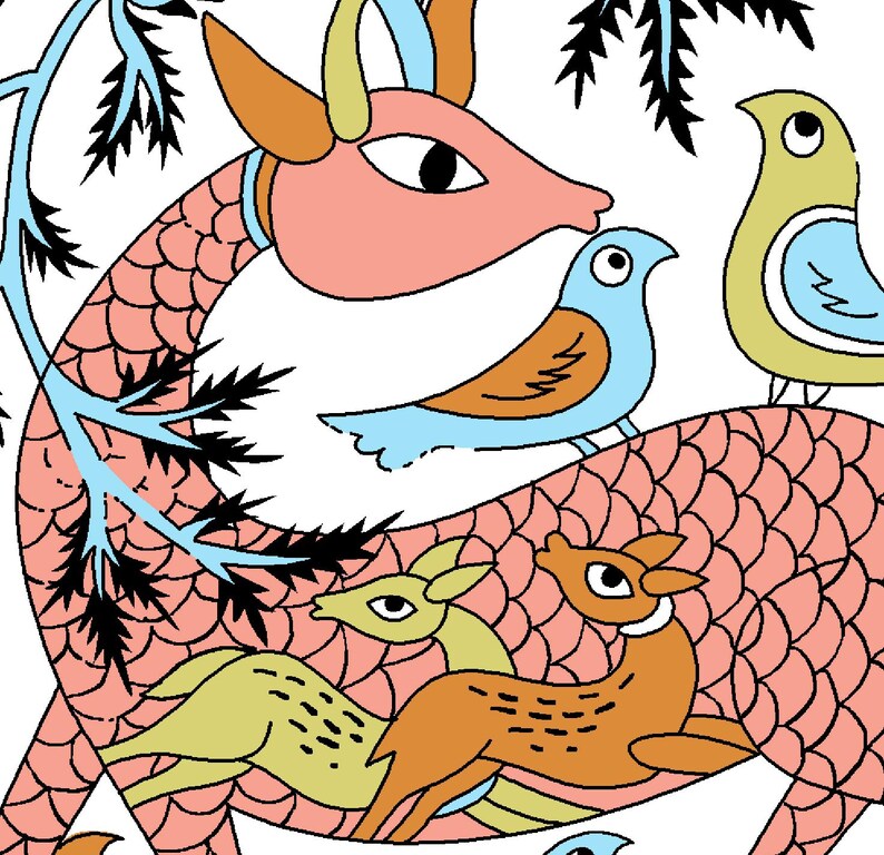 May include: A colourful illustration depicting a pink, scaled dragon-like figure alongside birds and deer in blue, yellow, and orange. The artwork has a folk art style with black outlines and a white background.