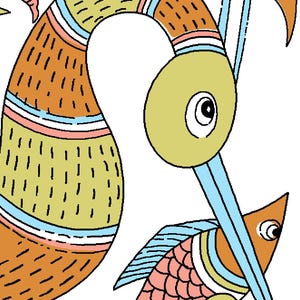 May include: A vibrant illustration featuring a bird and a fish. The bird has a long neck and beak, with orange, yellow, and blue details. The fish is pink and orange with blue and yellow accents, set against a white backdrop.