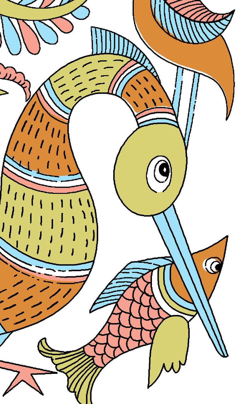May include: A vibrant illustration featuring a bird and a fish. The bird has a long neck and beak, with orange, yellow, and blue details. The fish is pink and orange with blue and yellow accents, set against a white backdrop.